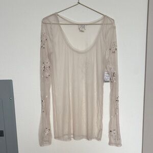 Free People Sheer Cream Blouse with Floral Details